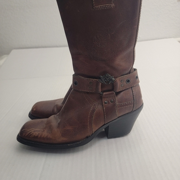 Mark Nason Leather Siren Boots  Sz 7 Harness Distressed Squared Toe Brown - Picture 7 of 12